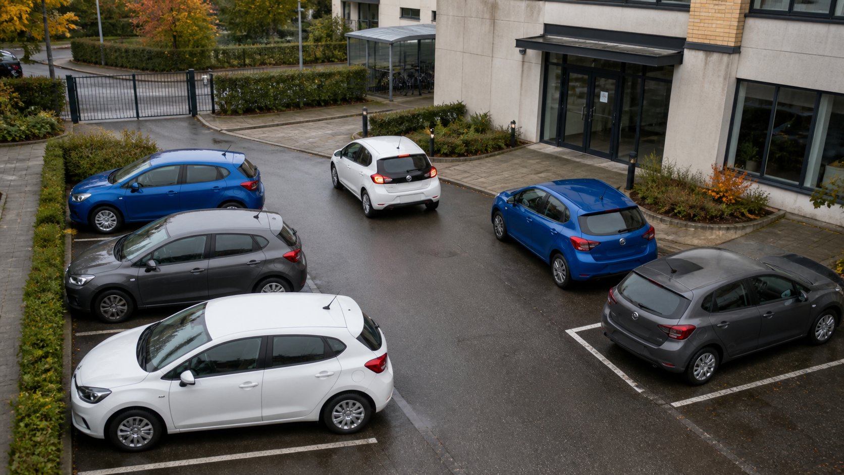 Fælles bilflåde ved en arbejdsplads med flere parkerings- og adgangsforhold