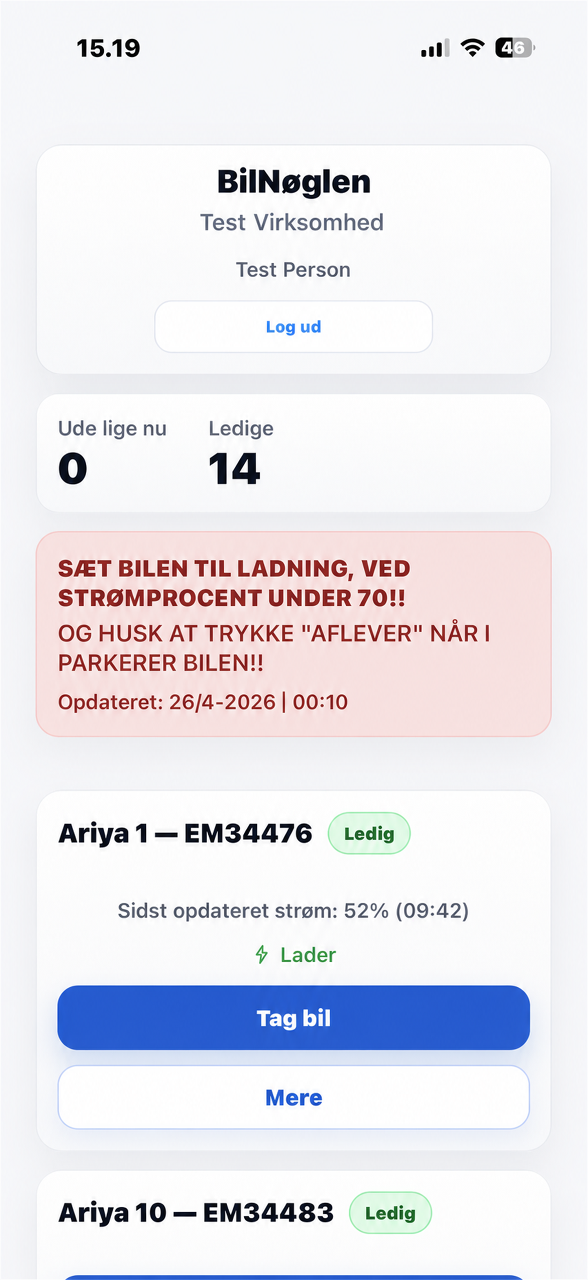 BilNøglens medarbejderapp med ledige biler, vigtig besked og knappen Tag bil